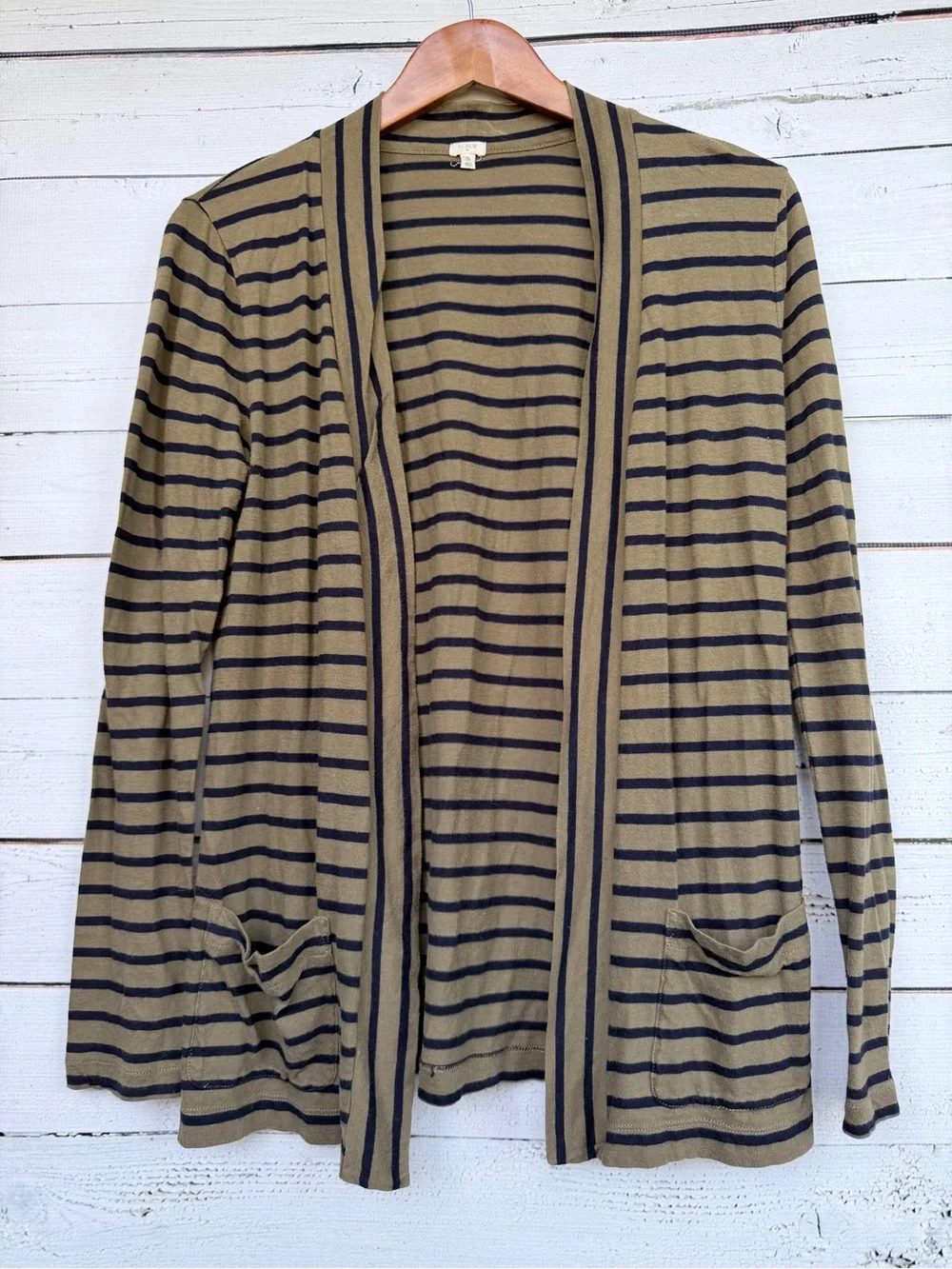 J.Crew Olive Green & Navy Striped Open Front Cotton Cardigan with Pockets- Small